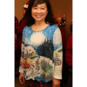 Collections Etc Women XL Christmas Winter Snowman Scene Shirt‎ Festive Festival